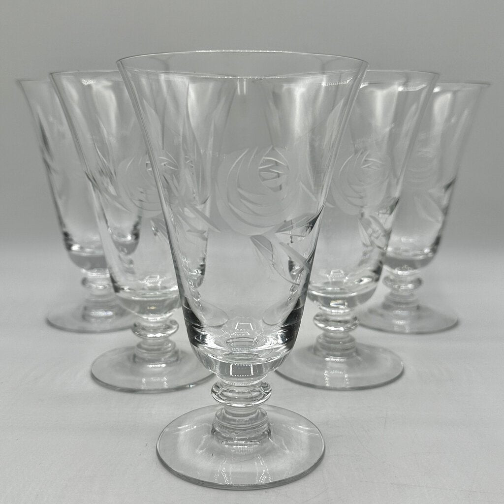 Set Of 5 Vintage Rose By Fostoria 6 Inch Gray Cut Ice Tea Glasses /cb