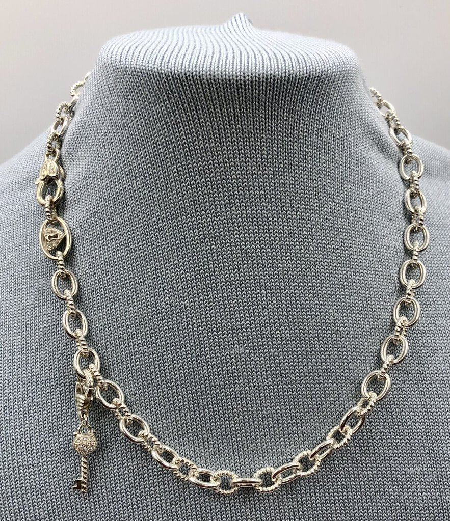 Judith Ripka 925 Sterling/ CZ Heart Lock & Key Necklace /b