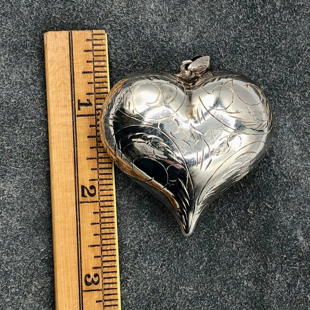 Large 925 Sterling Silver Etched Puff Heart Pendant /b