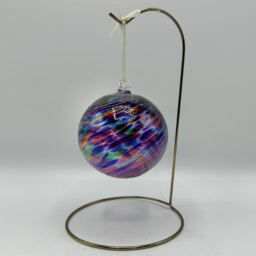 Studio Art Glass Handblown Multicolor Swirl 4” Hanging Ornament, Witch Ball, Orb, Sphere w/Stand /cb