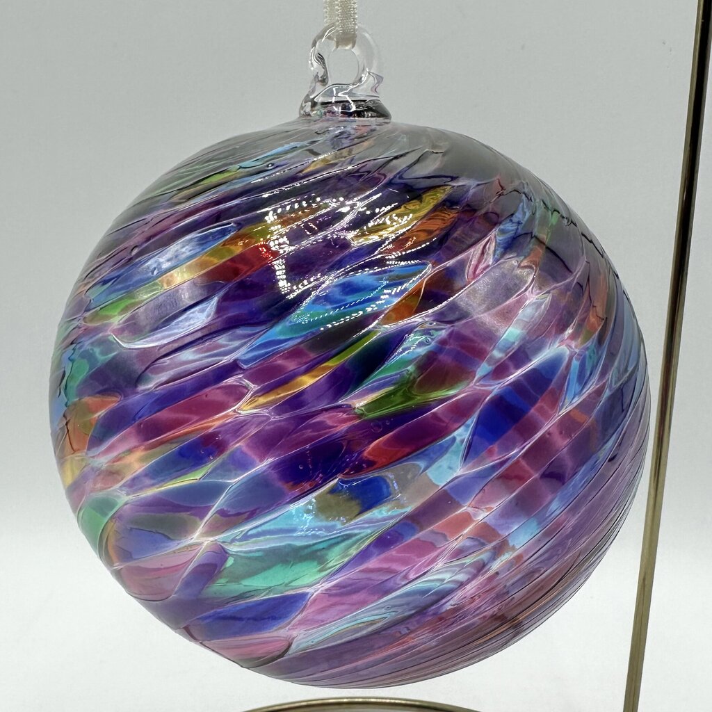 Studio Art Glass Handblown Multicolor Swirl 4” Hanging Ornament, Witch Ball, Orb, Sphere w/Stand /cb