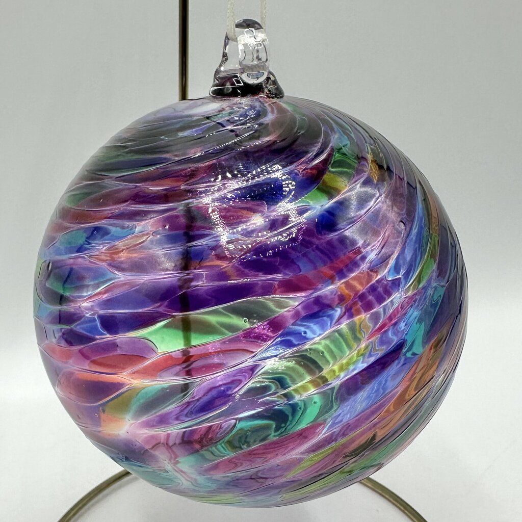 Studio Art Glass Handblown Multicolor Swirl 4” Hanging Ornament, Witch Ball, Orb, Sphere w/Stand /cb