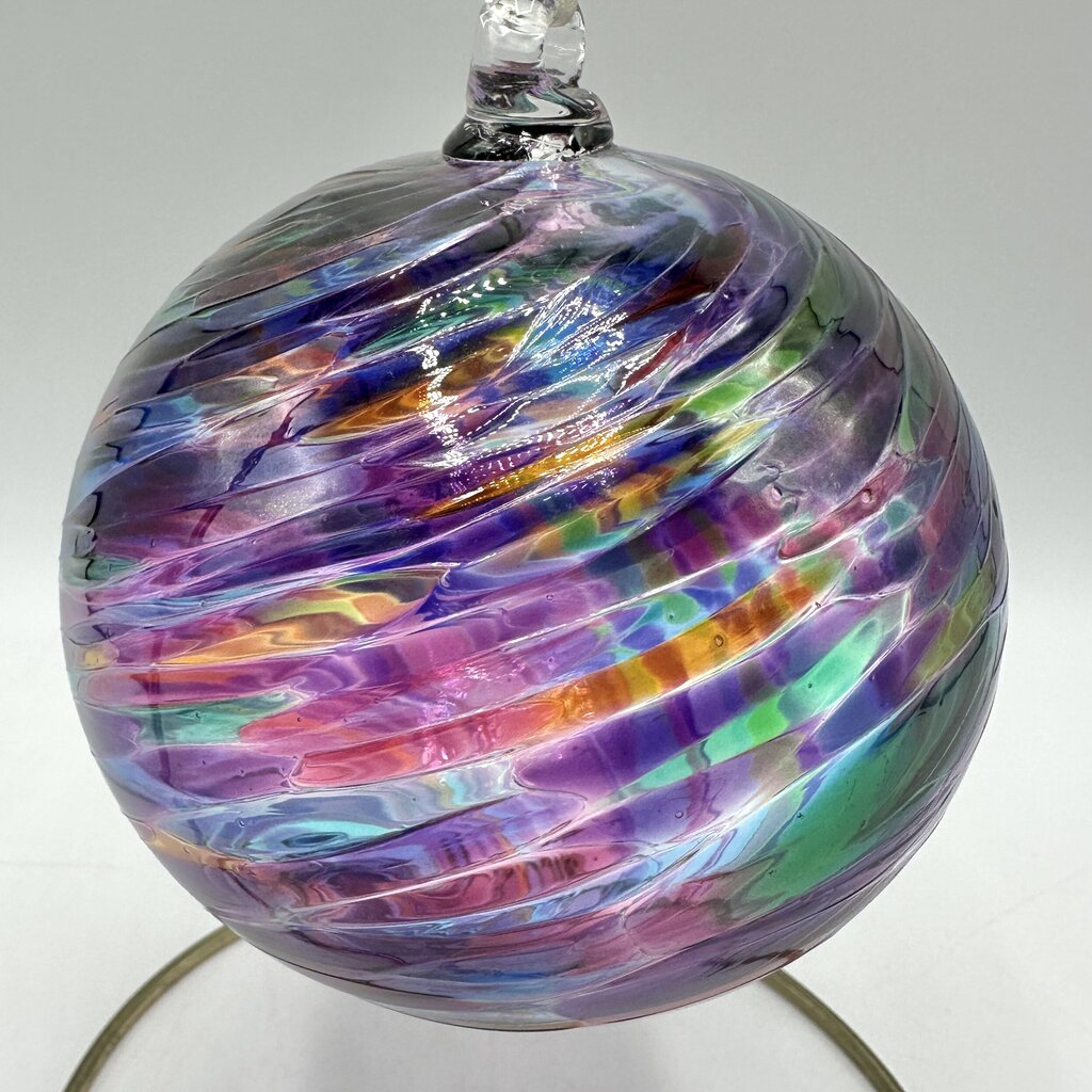 Studio Art Glass Handblown Multicolor Swirl 4” Hanging Ornament, Witch Ball, Orb, Sphere w/Stand /cb