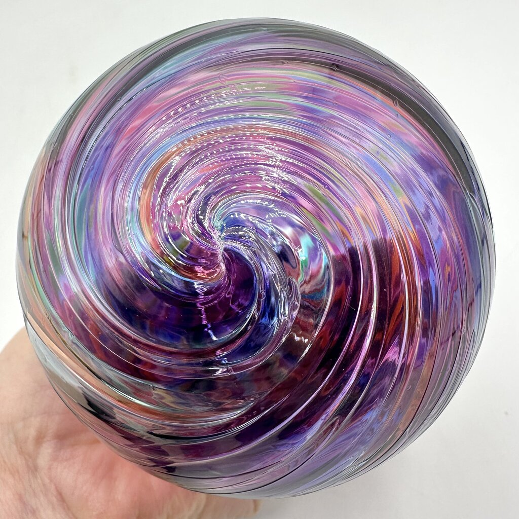Studio Art Glass Handblown Multicolor Swirl 4” Hanging Ornament, Witch Ball, Orb, Sphere w/Stand /cb
