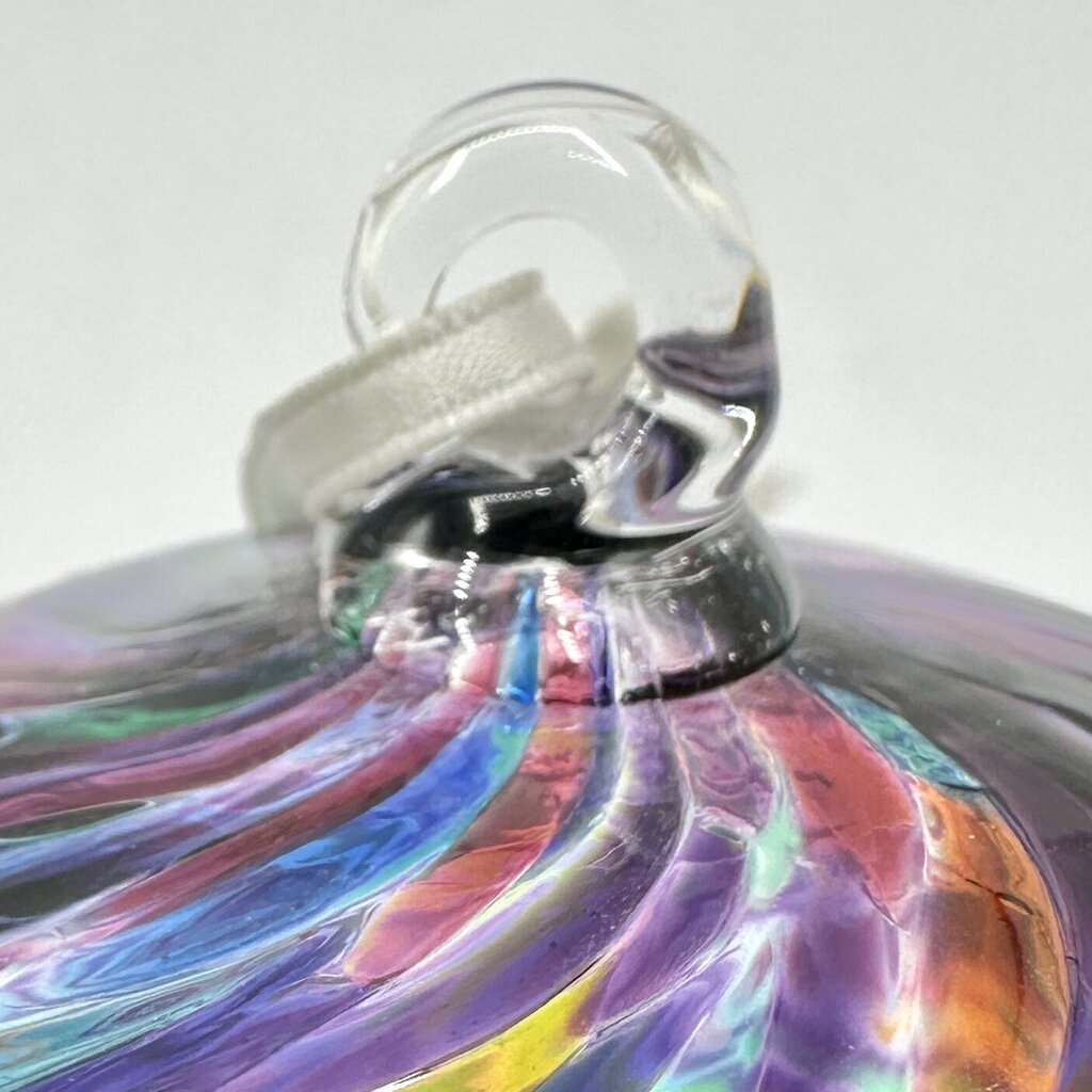 Studio Art Glass Handblown Multicolor Swirl 4” Hanging Ornament, Witch Ball, Orb, Sphere w/Stand /cb