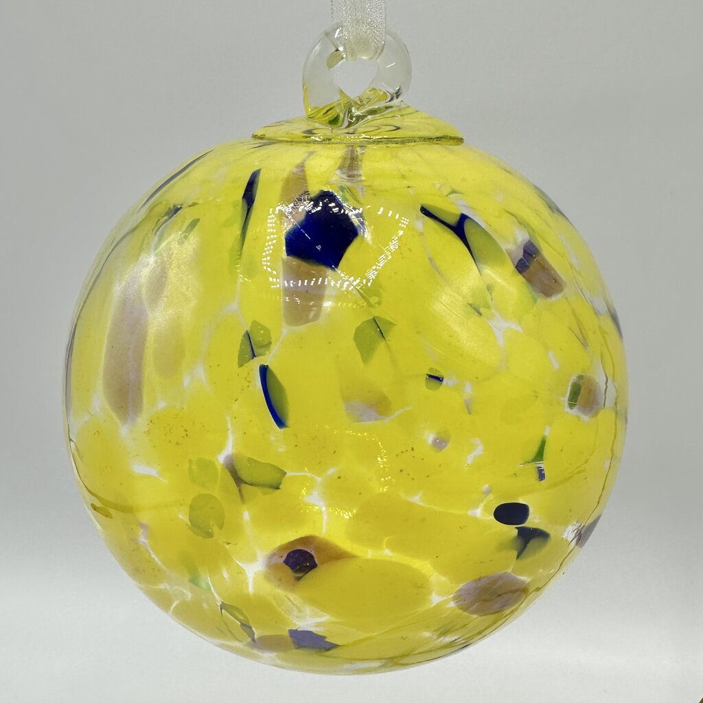 Studio Art Glass Handblown Yellow Speckled 4” Hanging Ornament, Witch Ball, Orb, Sphere w/Stand /cb