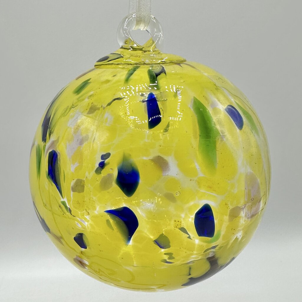 Studio Art Glass Handblown Yellow Speckled 4” Hanging Ornament, Witch Ball, Orb, Sphere w/Stand /cb
