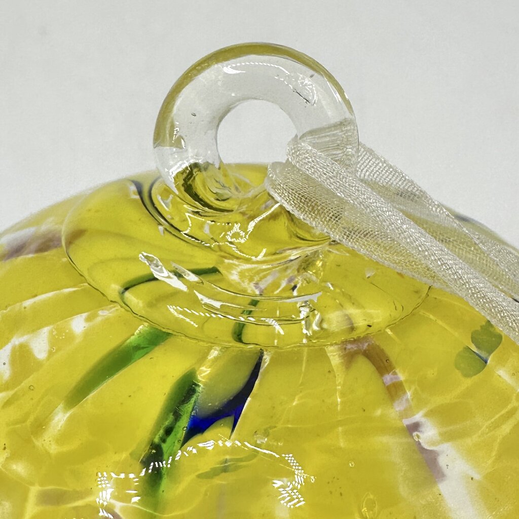 Studio Art Glass Handblown Yellow Speckled 4” Hanging Ornament, Witch Ball, Orb, Sphere w/Stand /cb