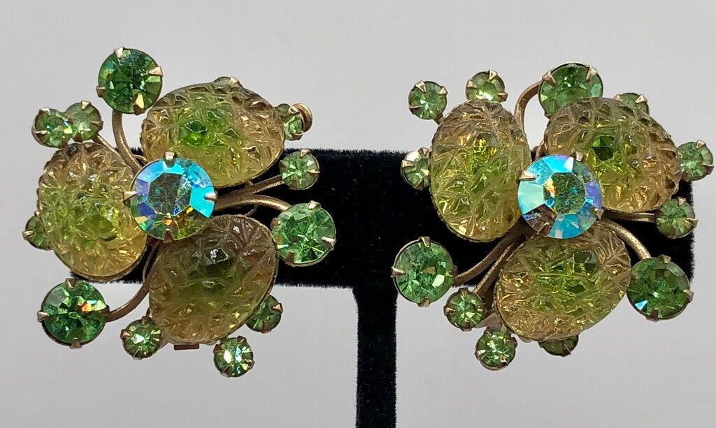1960s Judy Lee LAva Glass & Rhinestone Clip Earrings /b
