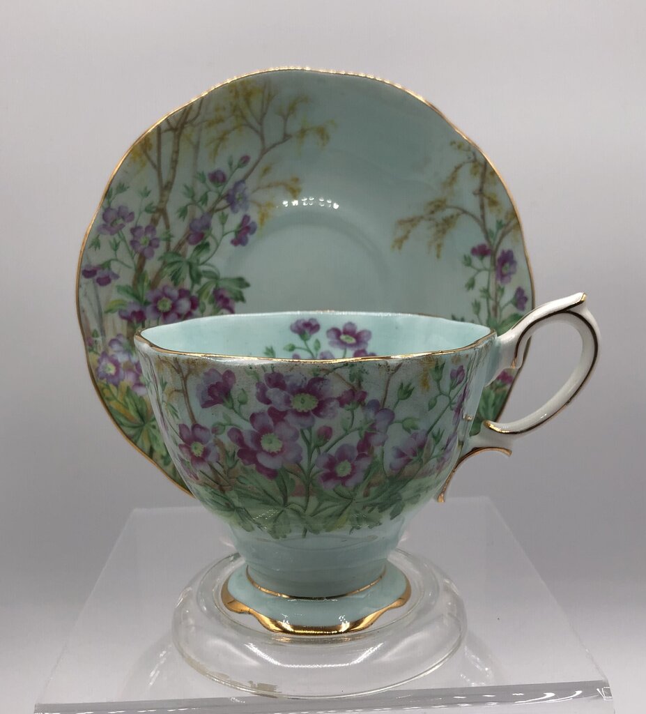 Vtg Royal Albert Wild Geranium & Ansley Yellow Primrose Teacup & Saucers /b