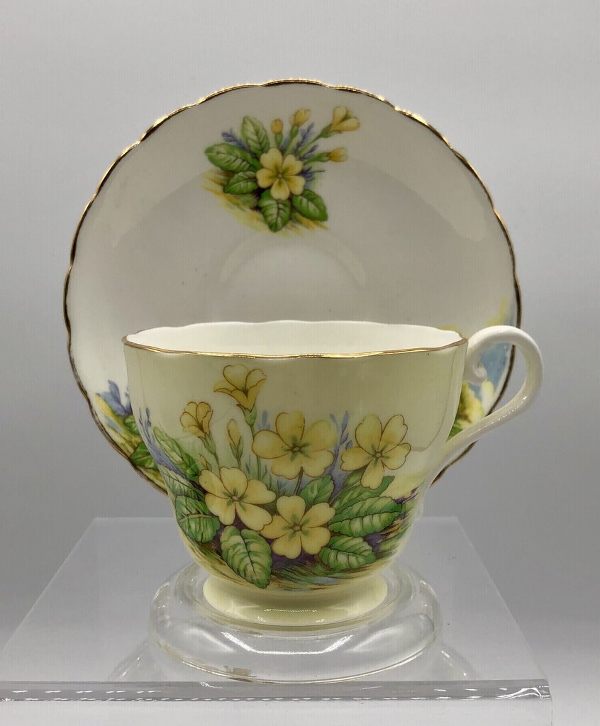 Vtg Royal Albert Wild Geranium & Ansley Yellow Primrose Teacup & Saucers /b