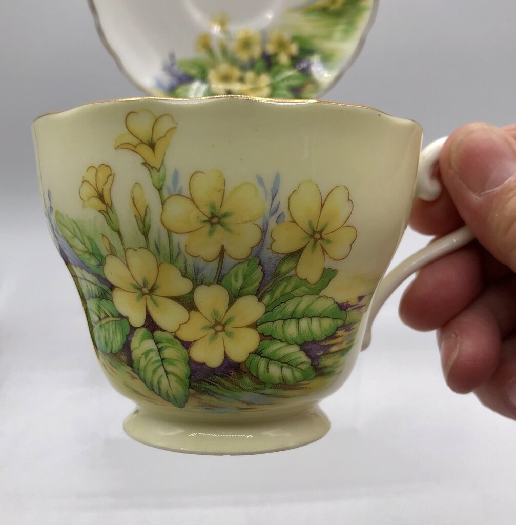 Vtg Royal Albert Wild Geranium & Ansley Yellow Primrose Teacup & Saucers /b