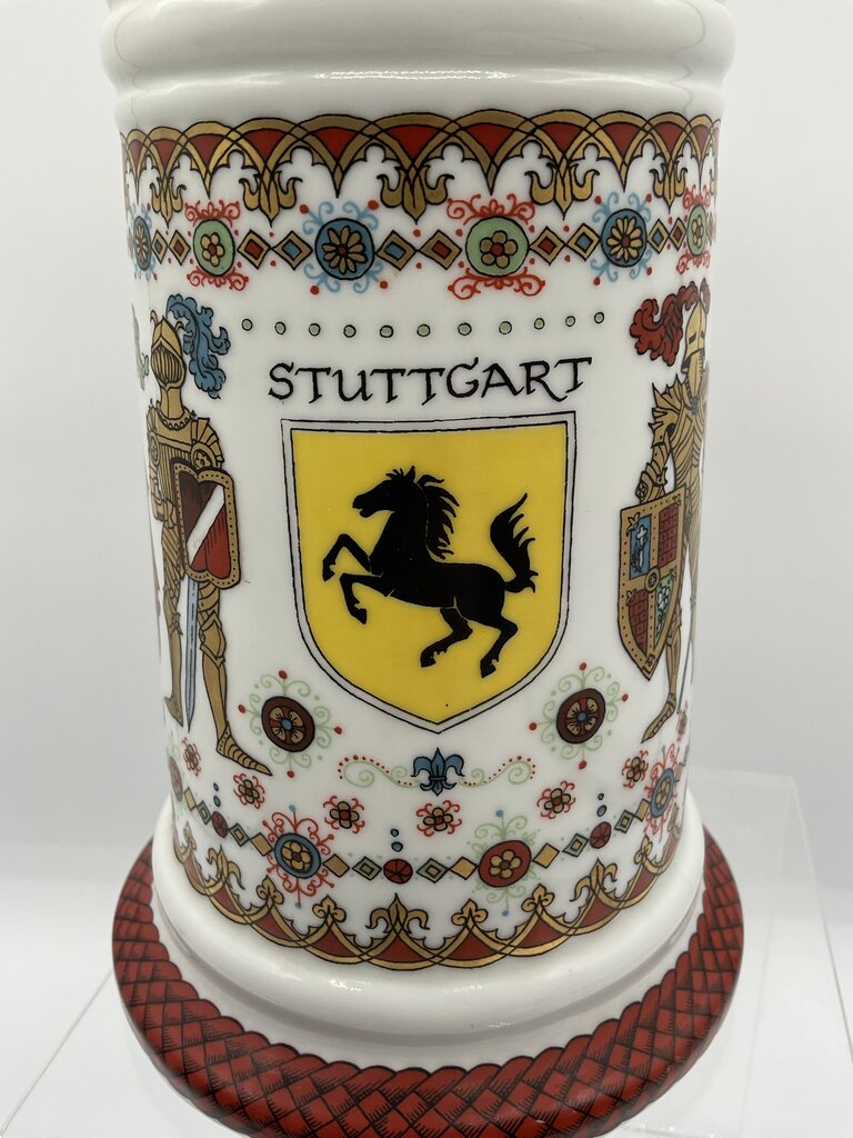 Vintage Ceramic Beer Stein “Stuttgart” Coat of Arms with Pewter Lid Made in Western Germany /s