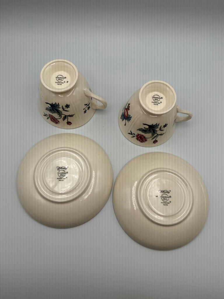 Wedgwood Williamsburg Potpourri Footed Cup & Saucer 2 Sets /rb