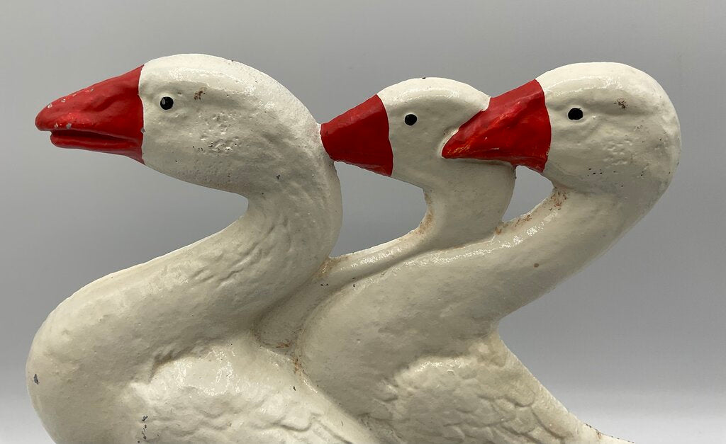 Vintage Painted Cast Iron Door Stop - 3 Walking White Ducks /s