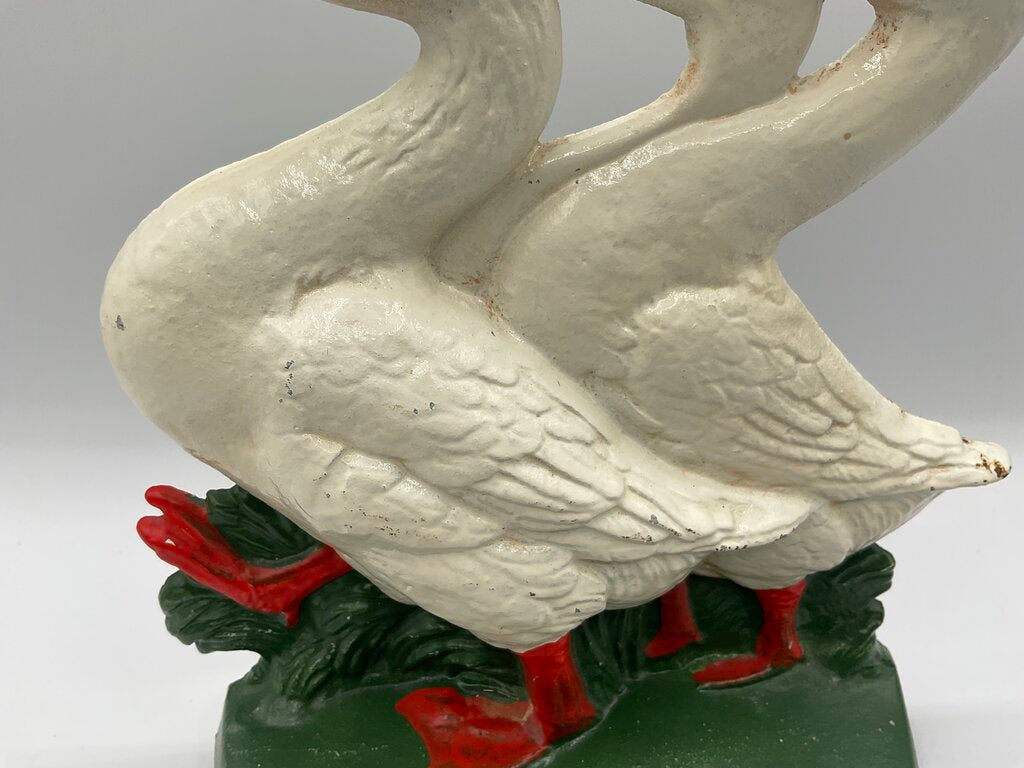 Vintage Painted Cast Iron Door Stop - 3 Walking White Ducks /s