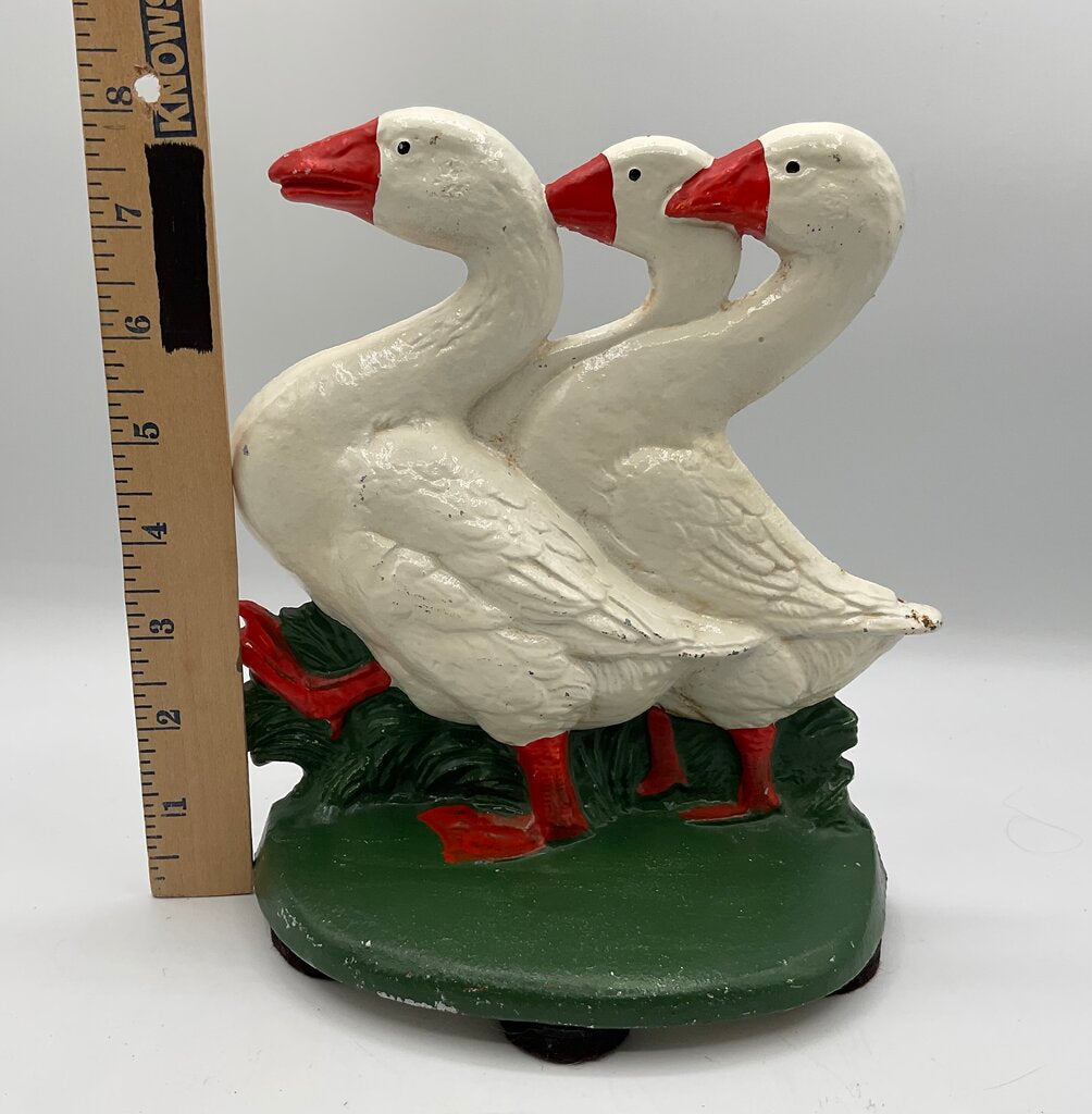 Vintage Painted Cast Iron Door Stop - 3 Walking White Ducks /s