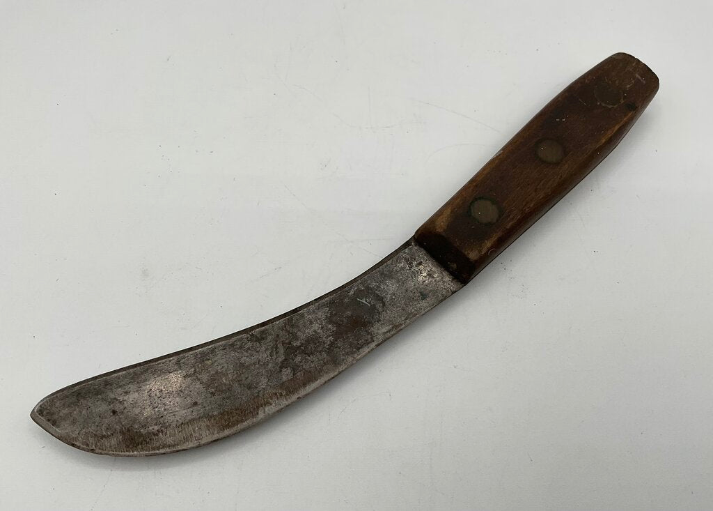 Vintage Curved Skinning Knife with Wooden Handle & Leather Sheath /s