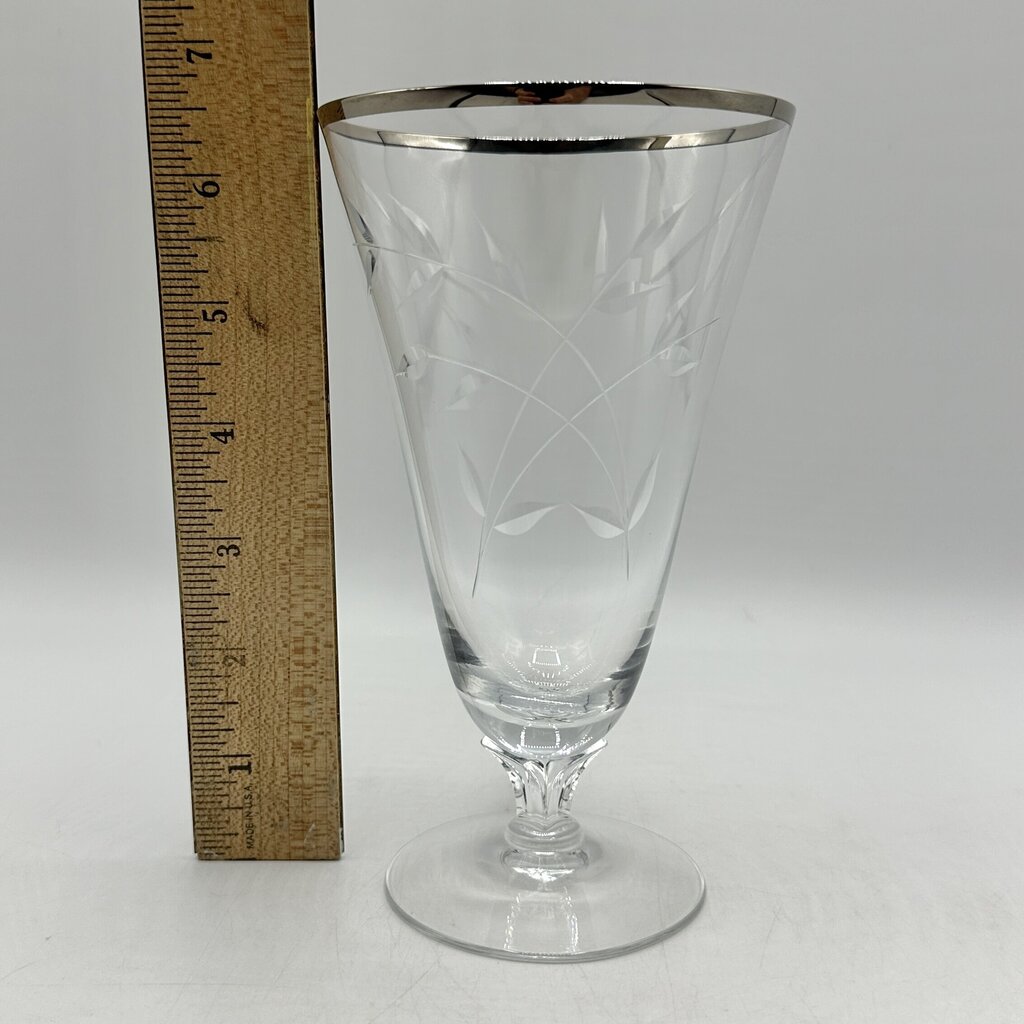 Set Of 4 Vintage Fostoria Bridal Belle Iced Tea Glasses Cut Leaves Platinum Trim Stem 6072 /cb