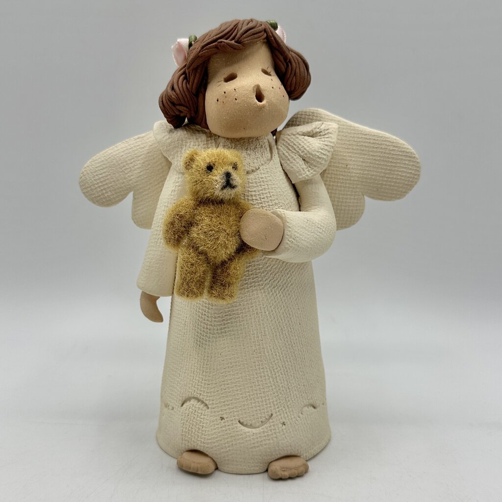Vintage Carol Roeda Handmade Clay Singing Angel Holding A Teddy Bear /cb