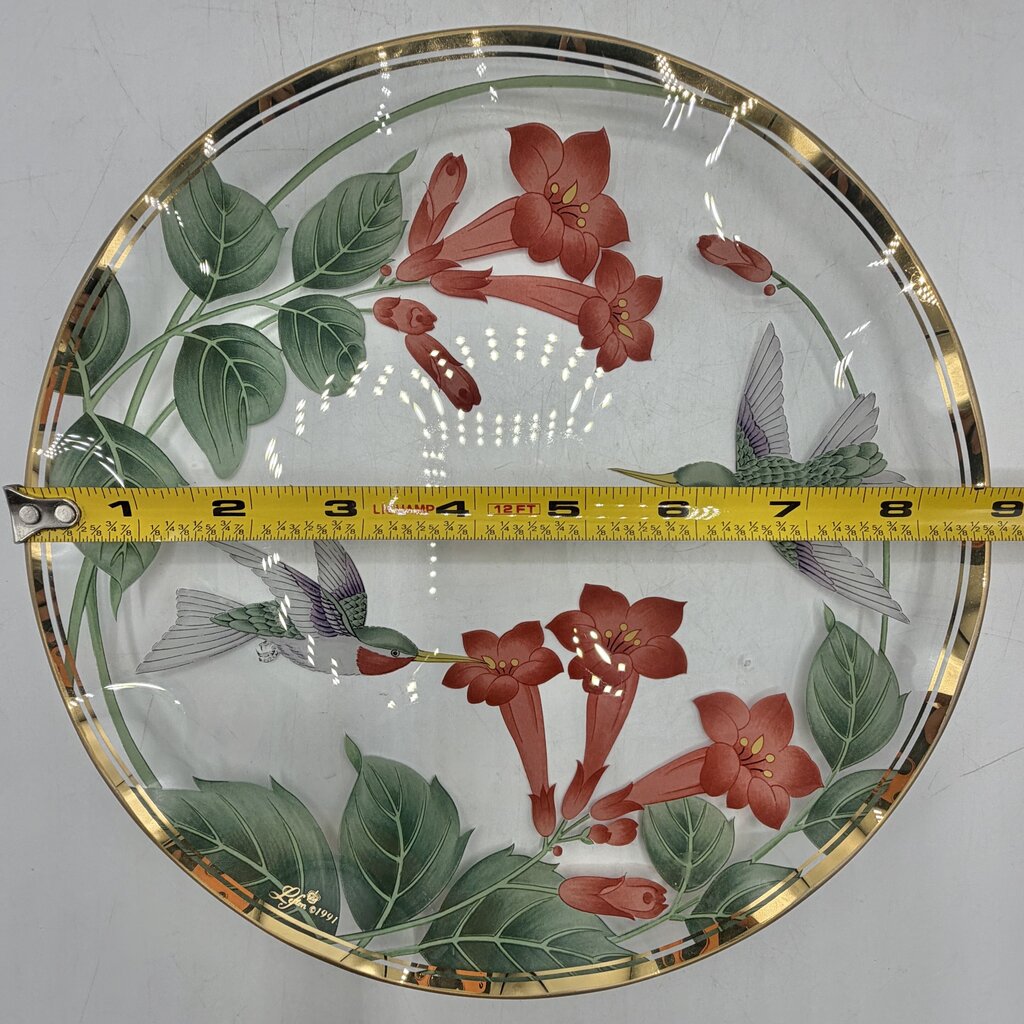 Vintage Lefton 1991 Cake Plate 8 3/4” & Candy/Nut Dish 6” Glass Hummingbirds & Flowers Gold Rim