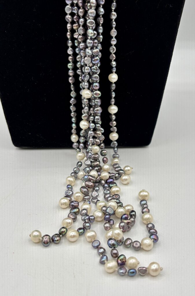 Lariat Necklace with 4 Strands of Grey & White Fresh Water Pearls /j