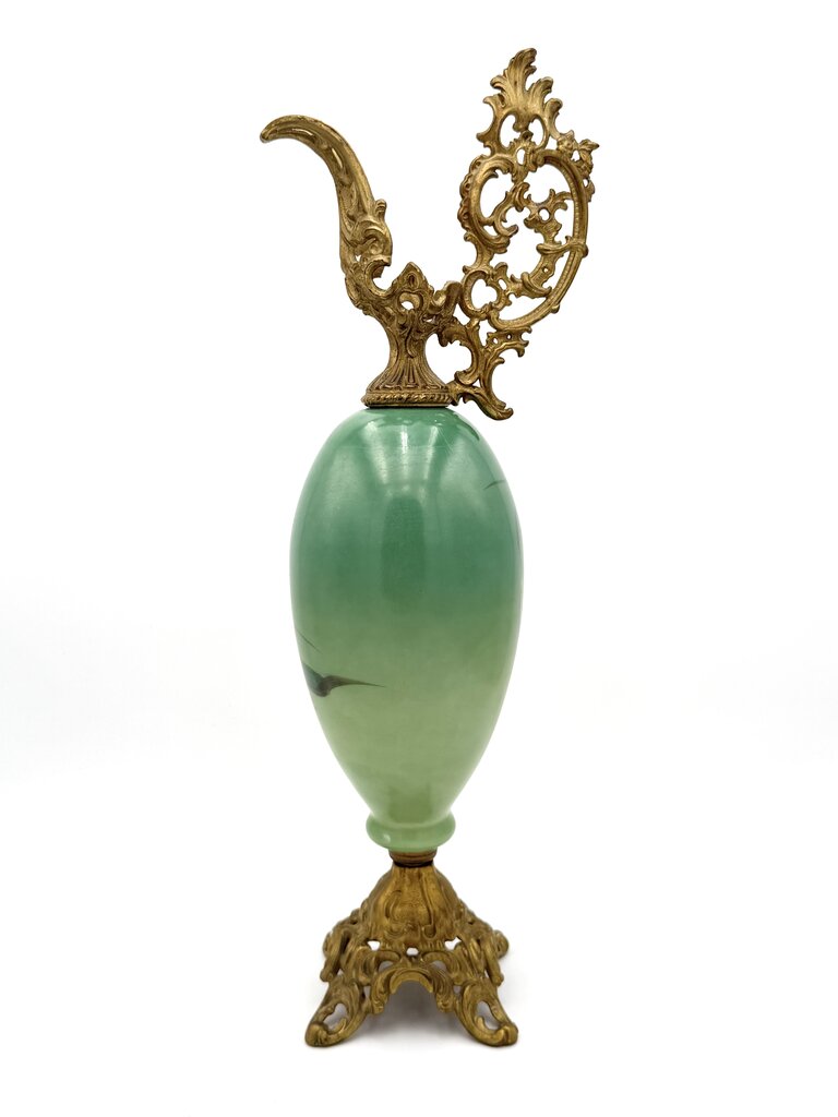 Antique Hand Painted Pink and Teal Floral Milk Glass w/ Brass Accents Ewer