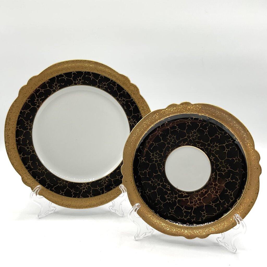 JLMenau Graf Von Henneberg East Germany Black and Gold Porcelain Saucer & Dessert Plate /f