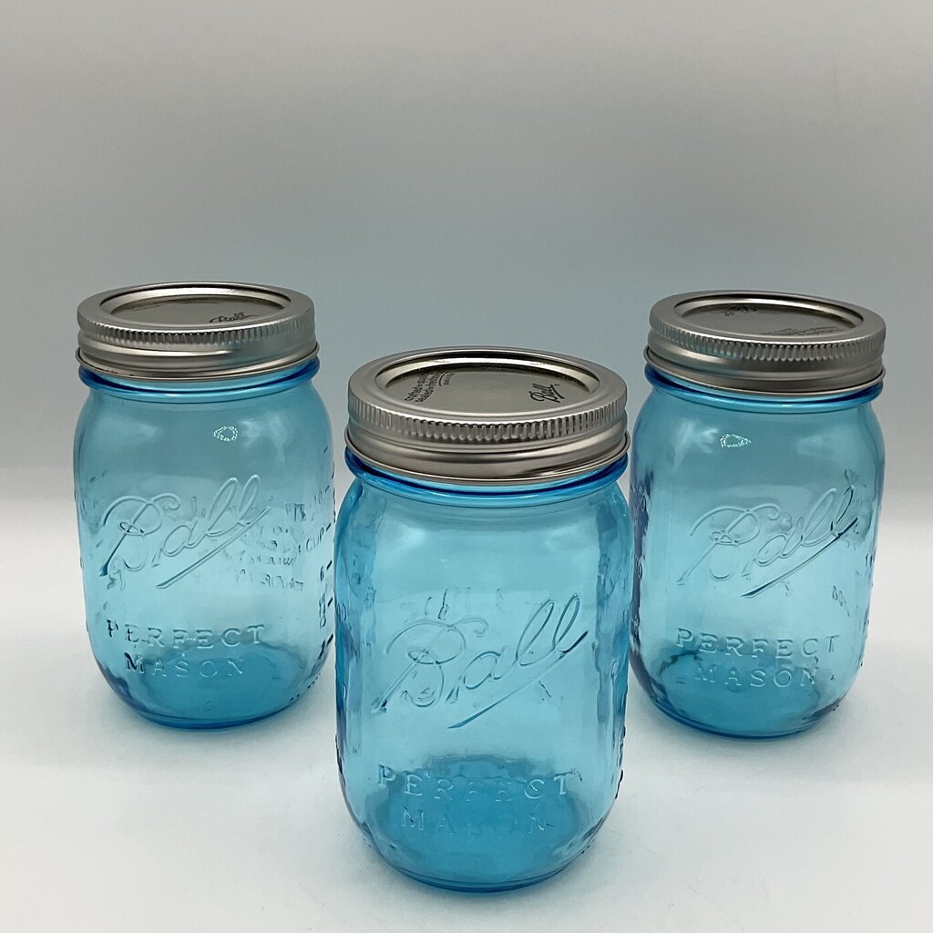 Set of 3 Vintage Style Ball Blue Mason Jars 100 Year Anniversary with Lids /f
