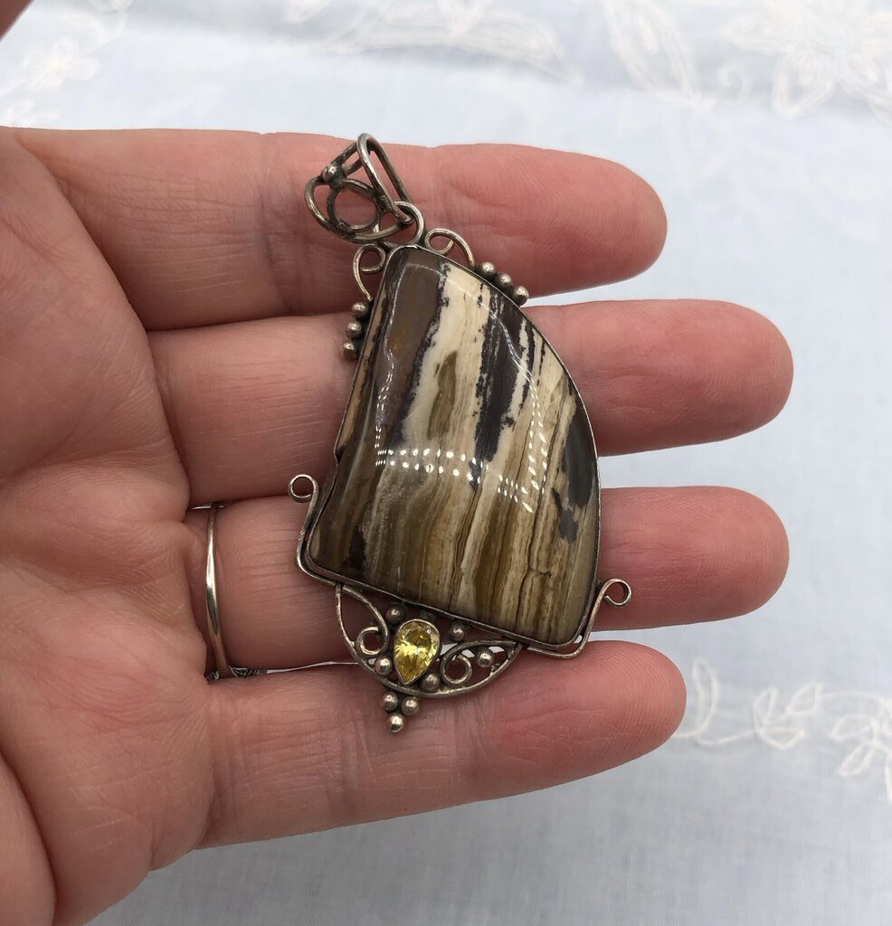 Artisan Made Polished Pertrified Wood & Sterling Silver Pendant /b