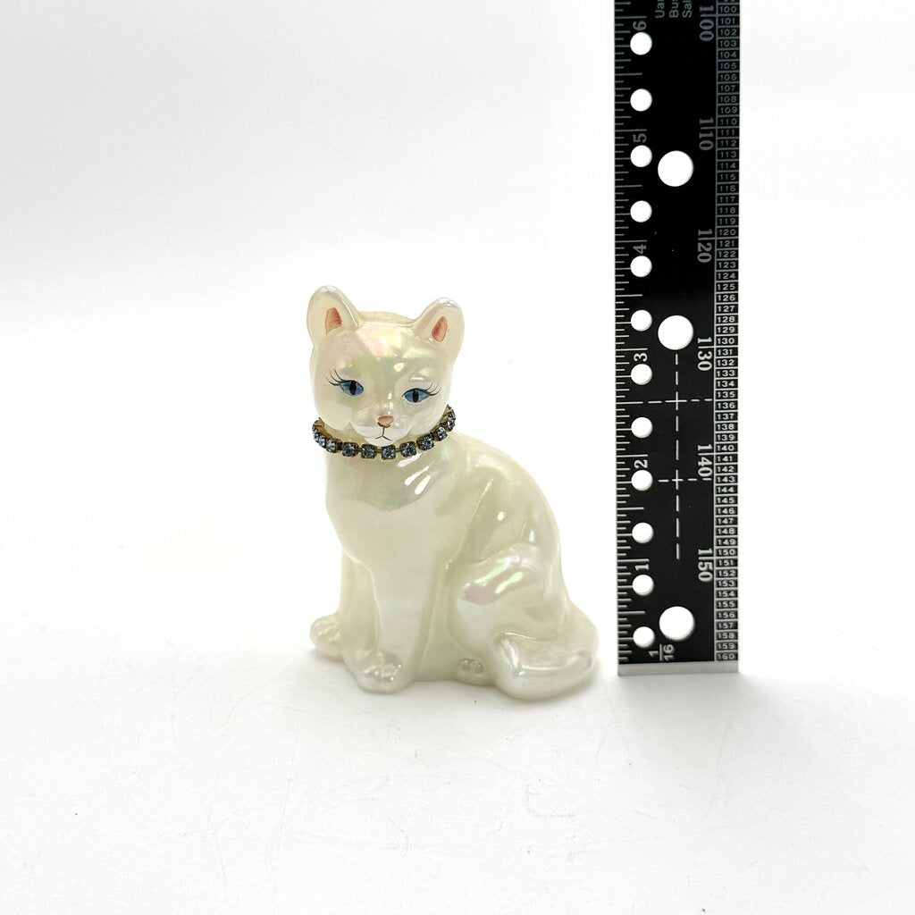 Fenton Hand Painted Opaque White Iridescent Art Glass Cat Figurine