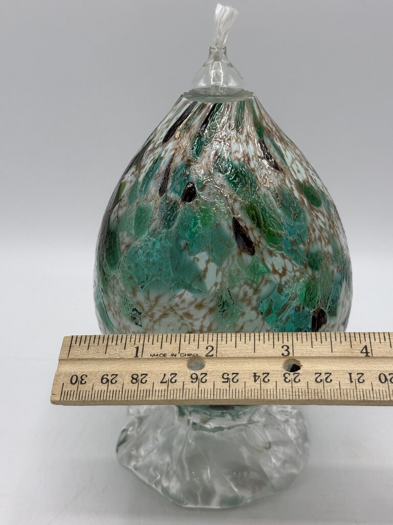 Colorful Green, White, Gold Blown Glass Oil Lamp Footed.