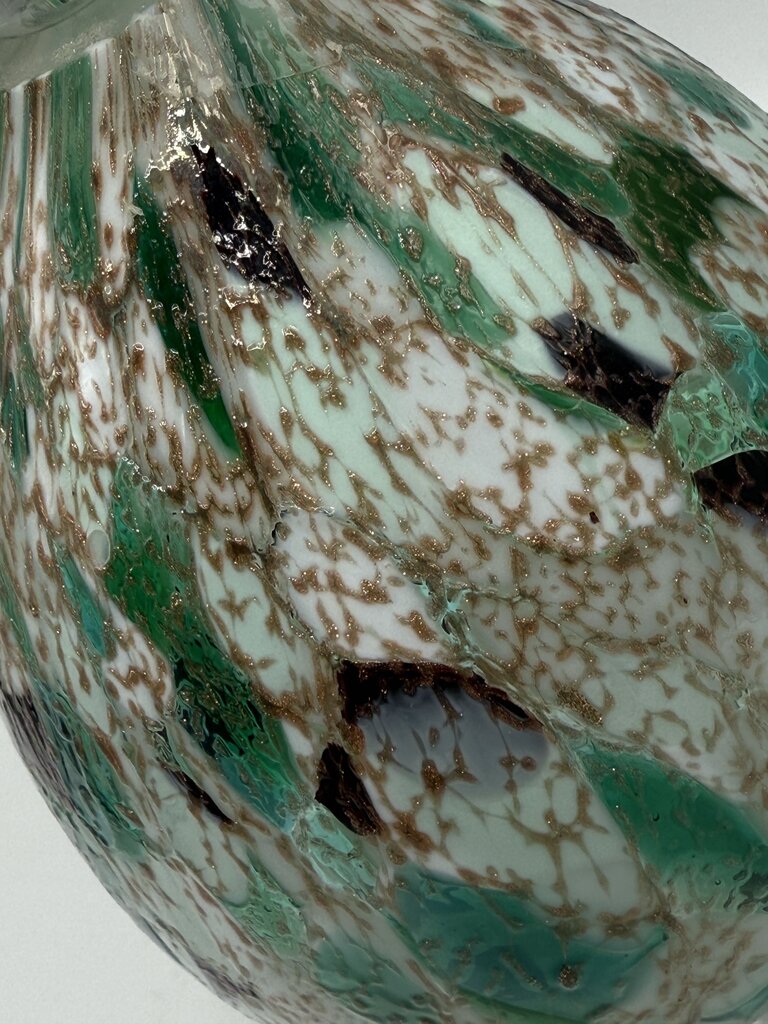 Colorful Green, White, Gold Blown Glass Oil Lamp Footed.