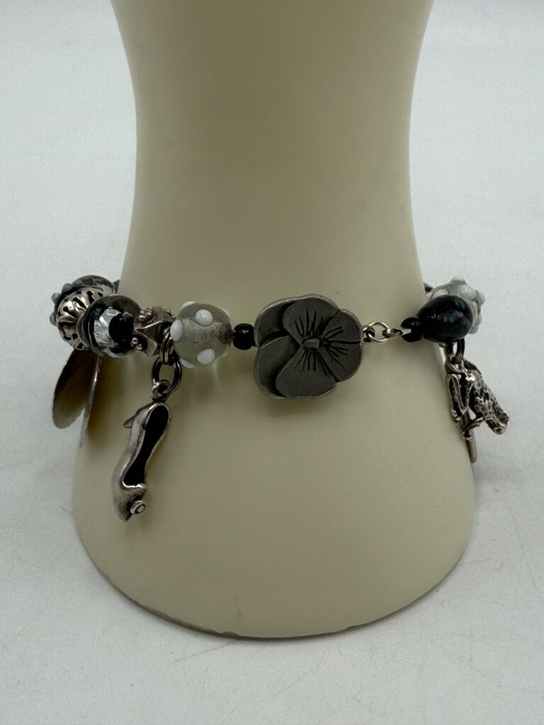 Glass Bead Bracelet & 10 Sterling Silver Charms 7” /ro