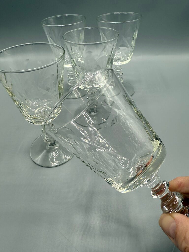 VTG 5 Libbey Rock Sharpe Crystal Fleur De Lis Water Goblets /rw