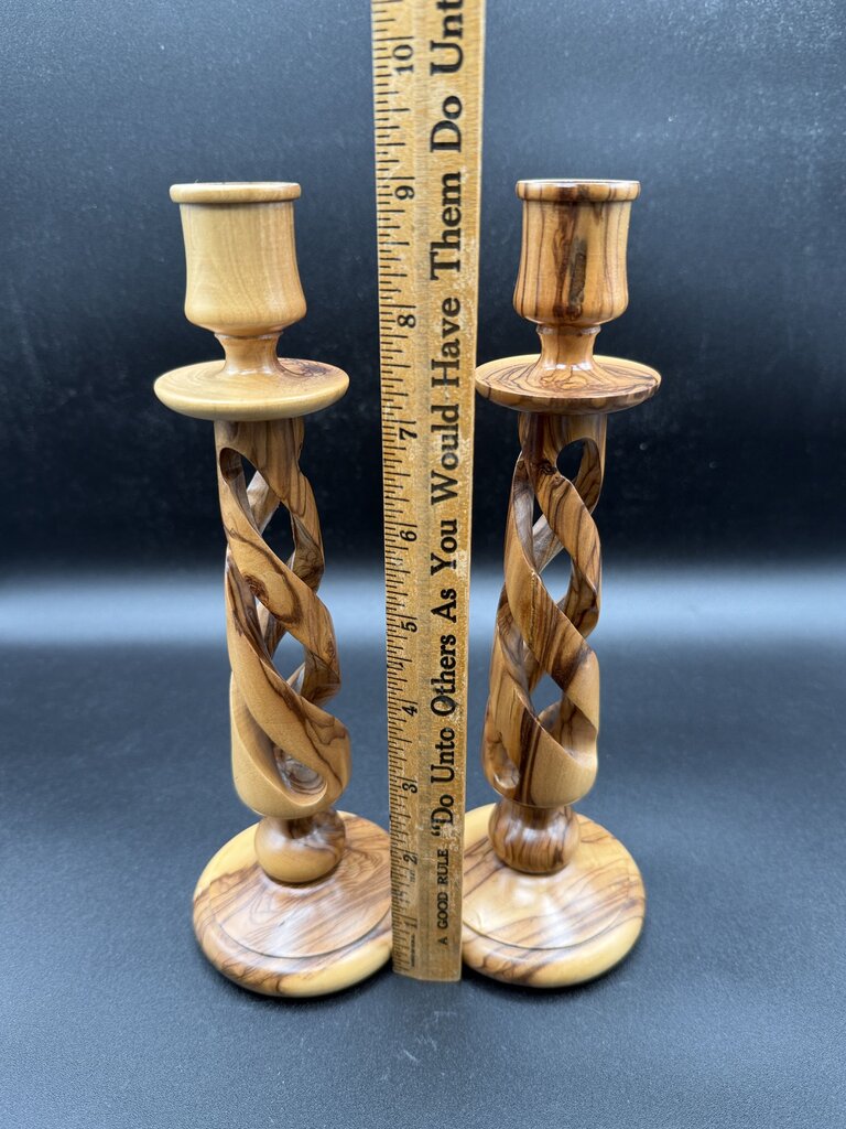 VTG Olive Wood Turned Candlestick Holders 9” tall Set of 2 /roh