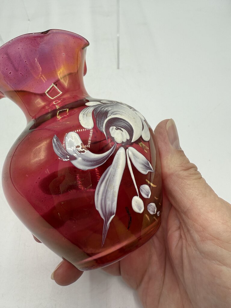 VTG Handpainted Cranberry Vase w/Ruffled Edge 4.5” /rw