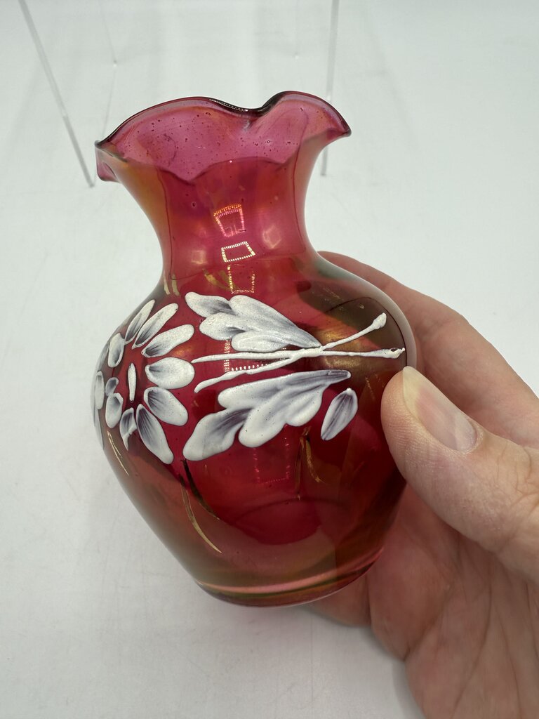 VTG Handpainted Cranberry Vase w/Ruffled Edge 4.5” /rw