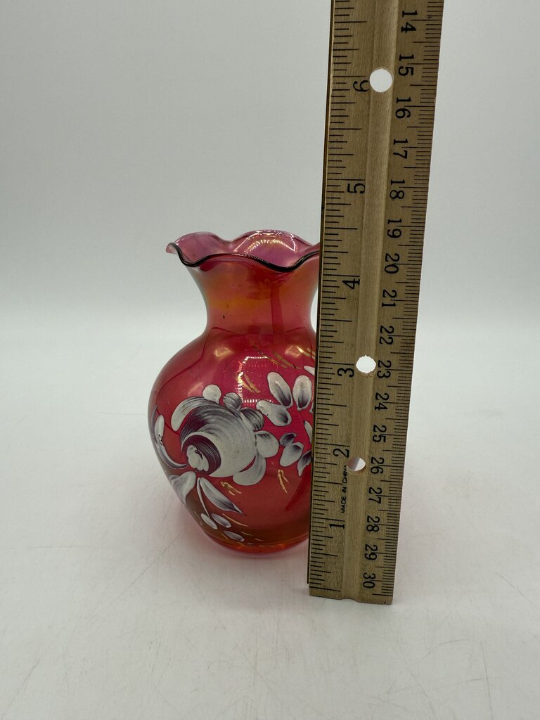 VTG Handpainted Cranberry Vase w/Ruffled Edge 4.5” /rw