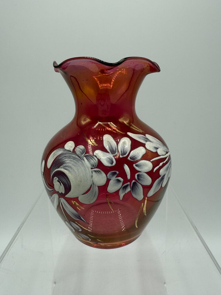 VTG Handpainted Cranberry Vase w/Ruffled Edge 4.5” /rw