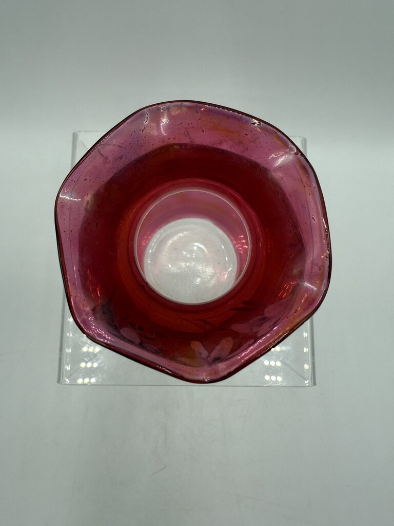 VTG Handpainted Cranberry Vase w/Ruffled Edge 4.5” /rw