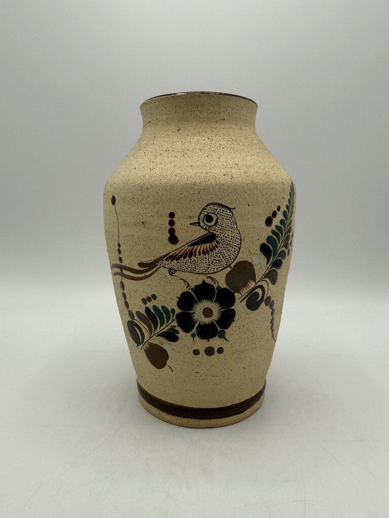 Tonala Mexico Pottery Vase Bird/Floral 8” tall /ro