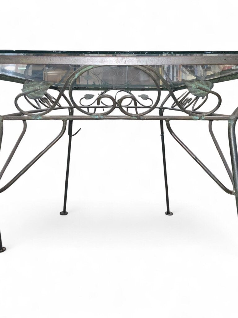 Green And Pink Upholstered Wrought Iron Table And 4 Patio Chairs