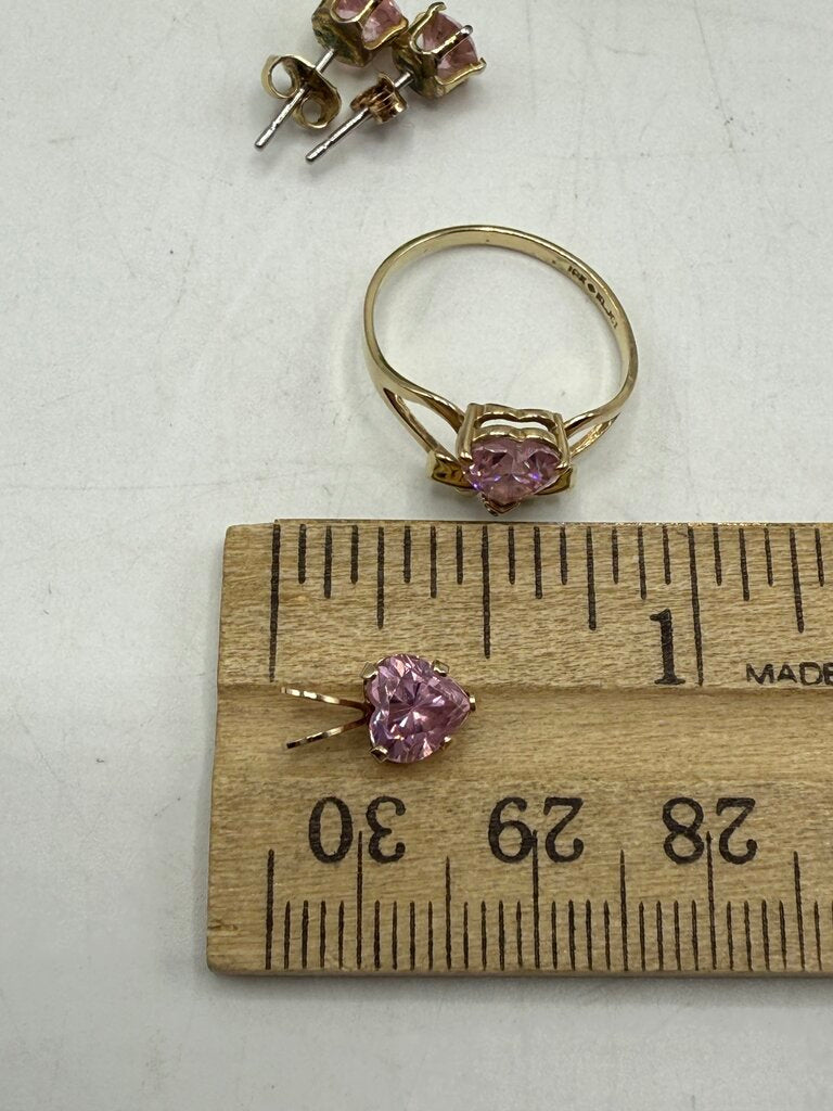 VTG Heart Shape Pink Gemstone Ring 10Kt Pendant 14Kt Pierced Earrings /ro
