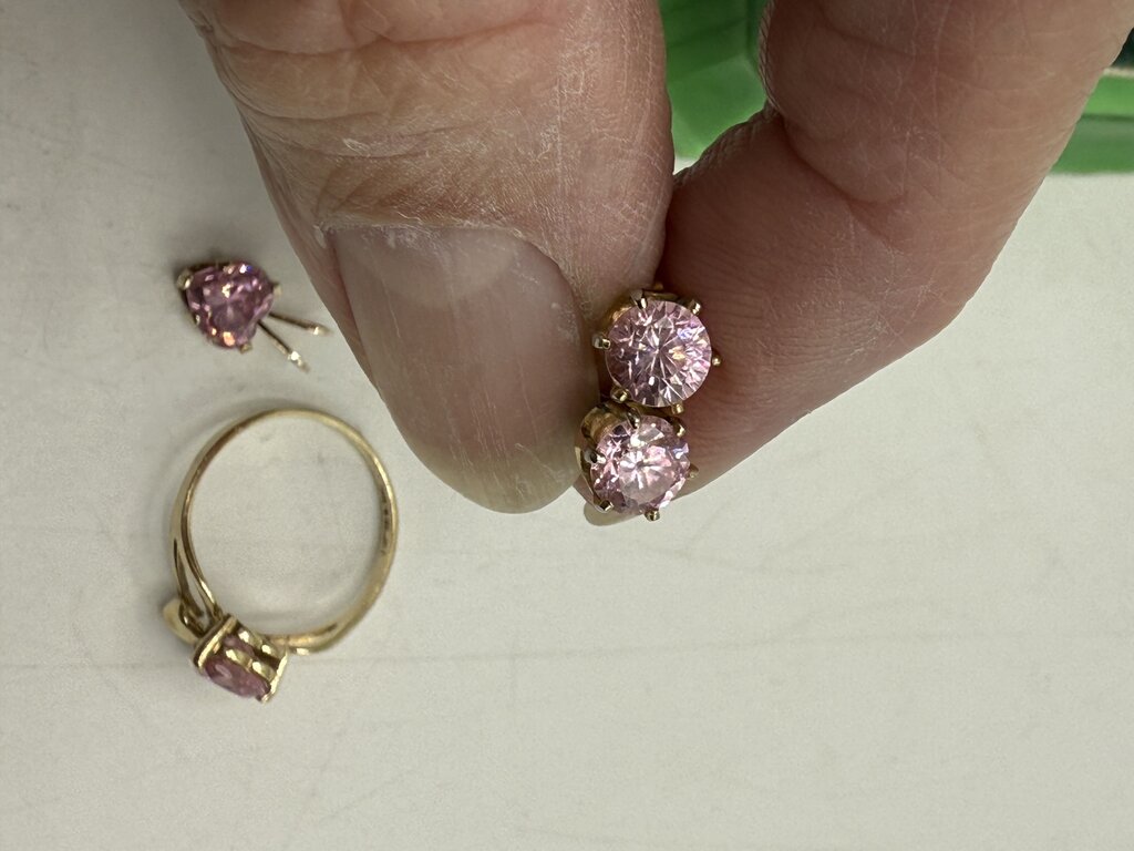 VTG Heart Shape Pink Gemstone Ring 10Kt Pendant 14Kt Pierced Earrings /ro