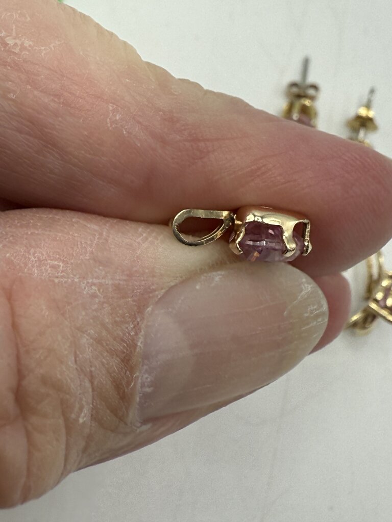 VTG Heart Shape Pink Gemstone Ring 10Kt Pendant 14Kt Pierced Earrings /ro