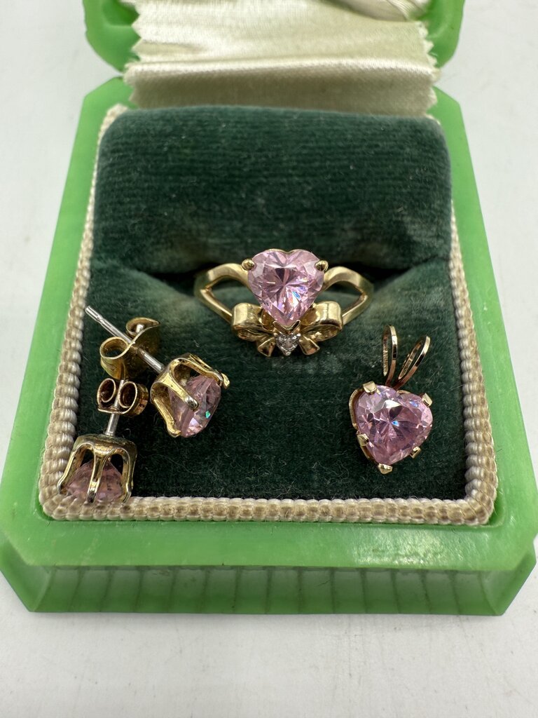 VTG Heart Shape Pink Gemstone Ring 10Kt Pendant 14Kt Pierced Earrings /ro