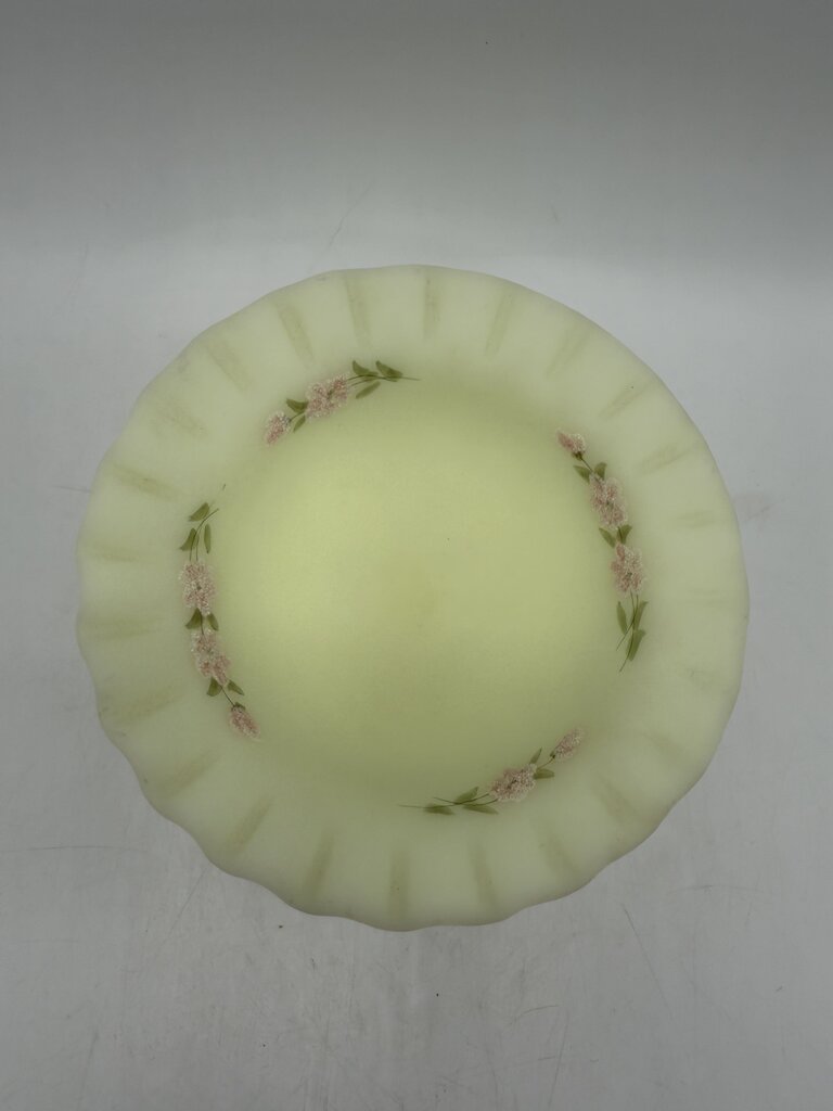 Fenton Custard Uranium Glass Pedestal Dish Ruffles Hand Painted Signed /ro