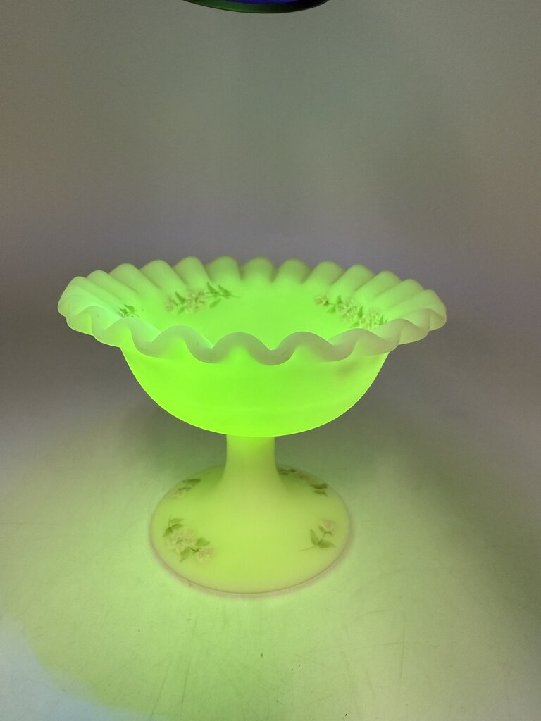 Fenton Custard Uranium Glass Pedestal Dish Ruffles Hand Painted Signed /ro