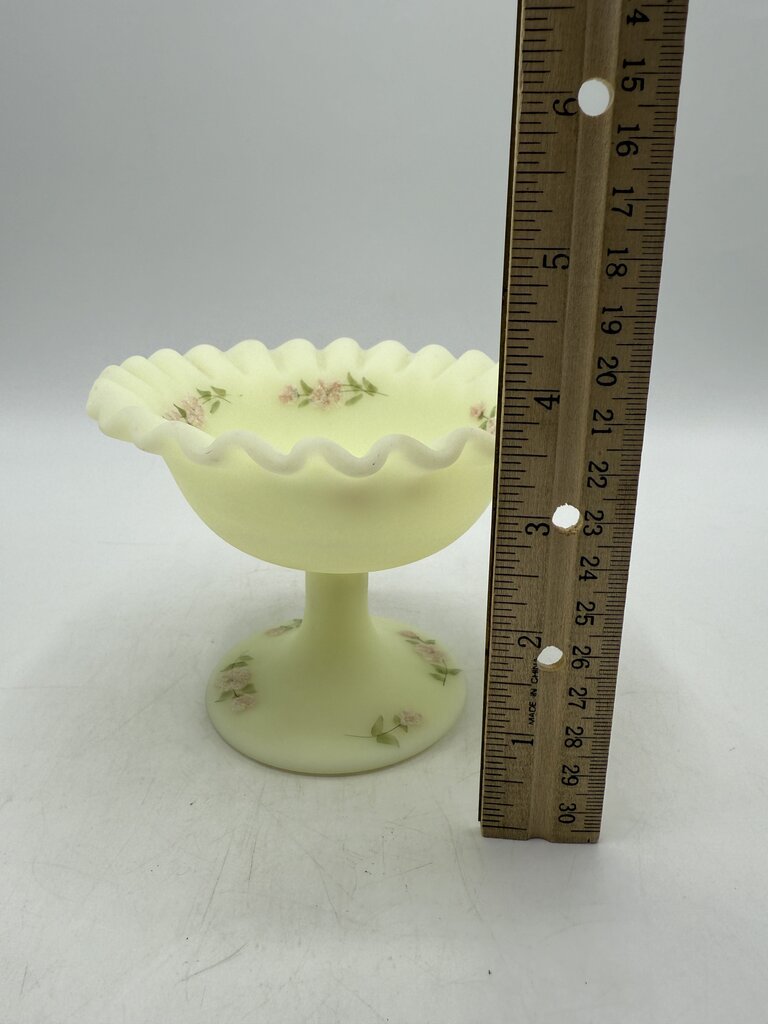 Fenton Custard Uranium Glass Pedestal Dish Ruffles Hand Painted Signed /ro